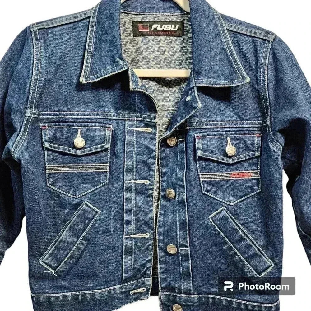 Women's Fubu Size Small Denim Jean Jacket Distressed Fitted Y2K Vintage Retro